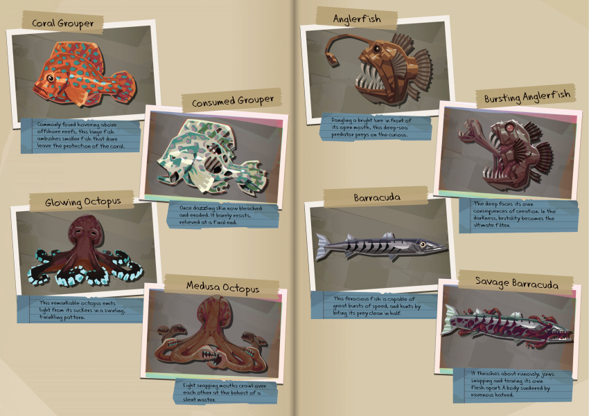 absurdres, anglerfish, animal_focus, barracuda, book, dredge_(game), english_text, exposed_bone