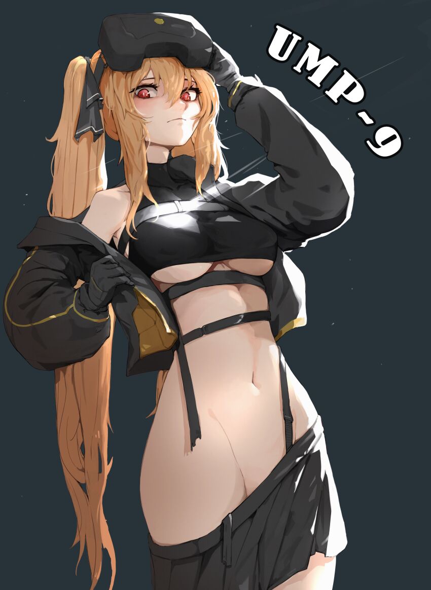 1girl, absurdres, black_background, black_gloves, black_jacket, black_shirt, black_skirt, breasts