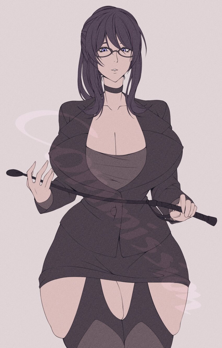 1girl, black-framed_eyewear, black_choker, black_hair, black_jacket, black_skirt, black_thighhighs, bose