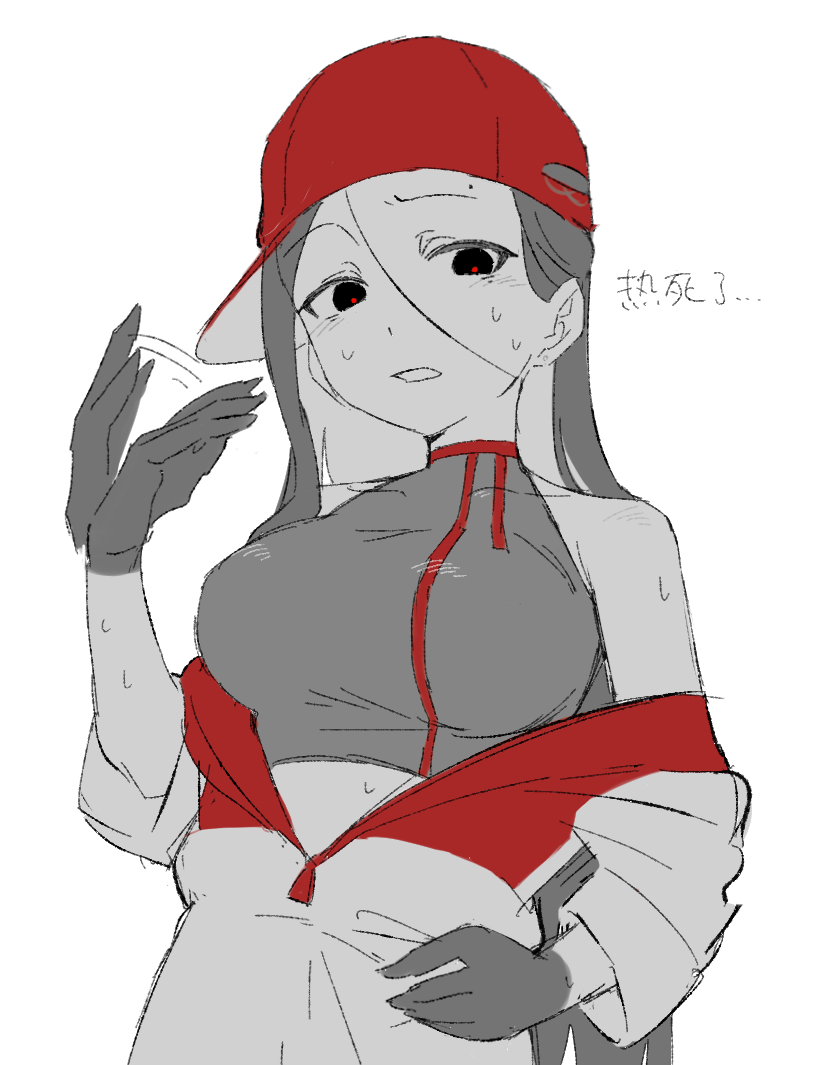 1girl, baseball_cap, black_eyes, black_gloves, black_hair, black_sports_bra, chinese_text, gloves