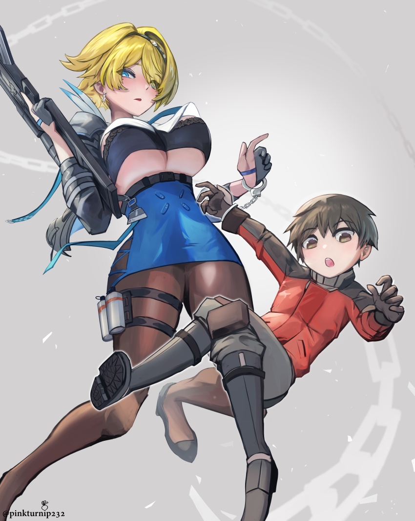 1boy, 1girl, :o, absurdres, belt, black_bra, black_gloves, black_hair