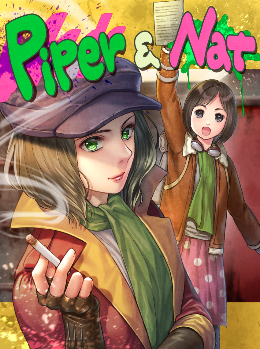 2girls, :o, arm_across_waist, arm_up, backpack, bag, black_eyes, black_gloves