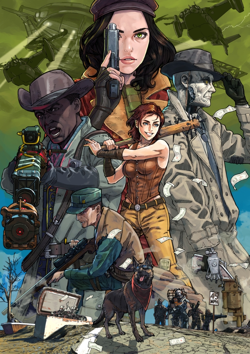 absurdres, adjusting_clothes, adjusting_headwear, aircraft, airship, android, banknote, baseball_bat, belt, black_gloves, black_hair, black_hat, blue_eyes, blue_necktie, bracer, breasts, brotherhood_of_steel, brown_belt, brown_coat, brown_hair, brown_hat, brown_jacket, brown_vest, cait_(fallout_4), coat, commentary, cowboy_hat, cracked_road, dirt, dogmeat, fallout, fallout_4, fingerless_gloves, gloves, green_eyes, green_hat, green_jumpsuit, green_scarf, gun, handgun, hat, highres, holding, holding_baseball_bat, holding_gun, holding_weapon, jacket, jumpsuit, kepi, lips, medium_breasts, medium_hair, military_hat, money, nail_(hardware), nail_bat, necktie, newsboy_cap, nick_valentine, open_mouth, pants, parted_lips, piper_wright, post-apocalypse, power_armor_(fallout), preston_garvey, raider_(fallout), raikou_(yorimitsu), red_coat, refrigerator, revolver, rifle, road, road_sign, robert_maccready, scarf, science_fiction, scope, short_hair, sign, sleeveless, sleeveless_jacket, smile, sniper_rifle, speed_limit_sign, standing, trench_coat, vertibird, vest, weapon, yellow_pants