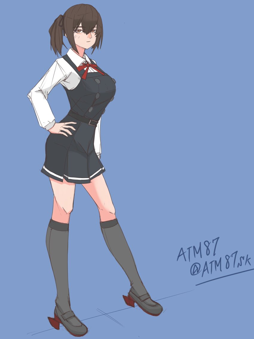 1girl, absurdres, atm87, belt, black_hair, black_socks, blue_background, blush