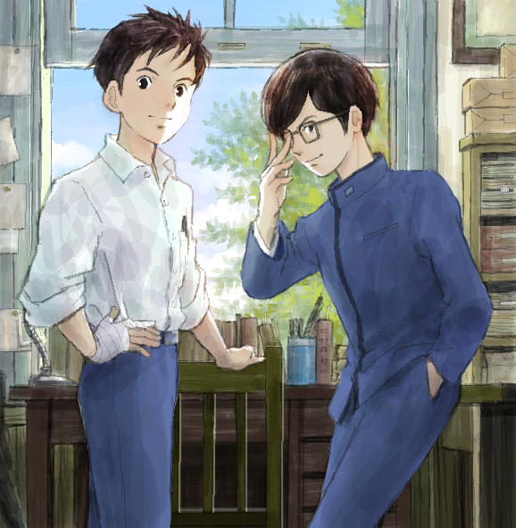 2boys, adjusting_eyewear, bandaged_hand, bandages, belt, black-framed_eyewear, black_belt, black_eyes