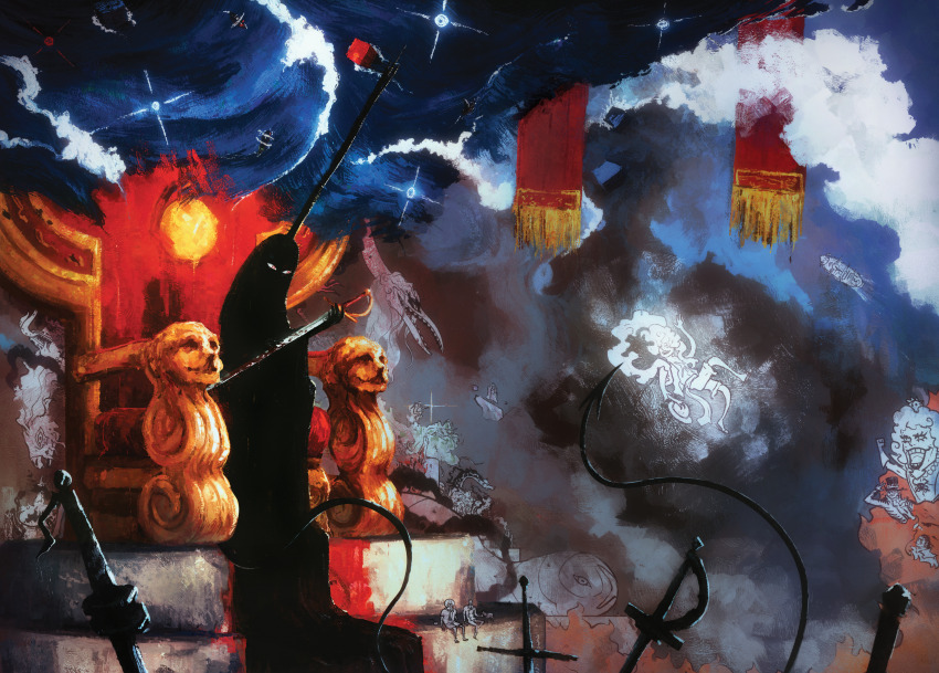 6+boys, absurdres, album-aurum, black_robe, character_request, cloud, commentary, demon_tail, emporio_ivankov, english_commentary, ethan-baron_v._nusjuro, gear_fifth, gorosei, hagoromo, highres, holding, holding_sword, holding_weapon, imu_(one_piece), jaygarcia_saturn, lindbergh_(one_piece), marcus_mars, monkey_d._luffy, multiple_boys, ocean, one_piece, red_eyes, ringed_eyes, robe, shawl, shepherd_ju_peter, ship, shirt, short_hair, shorts, silhouette, sword, tail, tall_crown, throne, topman_warcury, very_long_robe, watercraft, weapon, white_hair, white_shirt, white_shorts