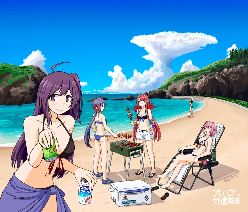 1girl, 4girls, absurdres, ahoge, akebono_(kancolle), akebono_(pm_swimsuit)_(kancolle), artist_logo, beach