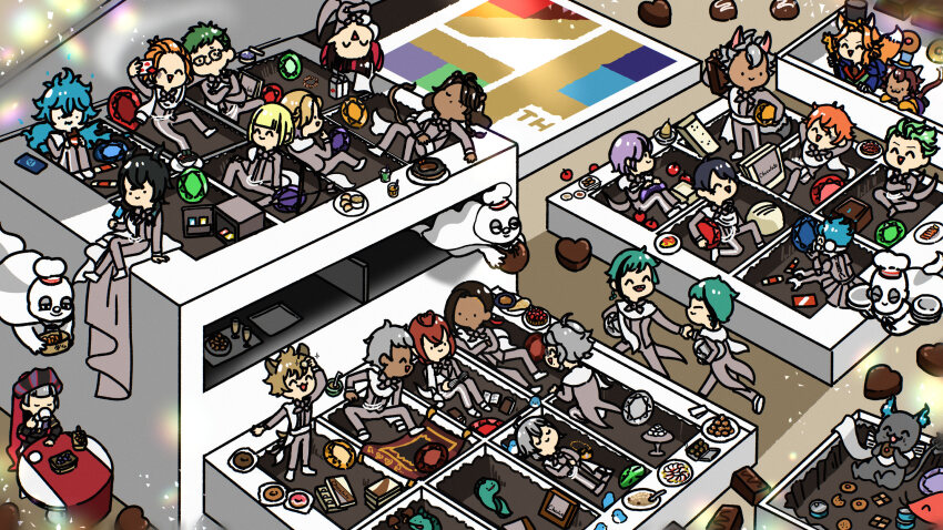 6+boys, ace_trappola, animal_ears, apple, arrow_(projectile), azul_ashengrotto, bird, black_hair