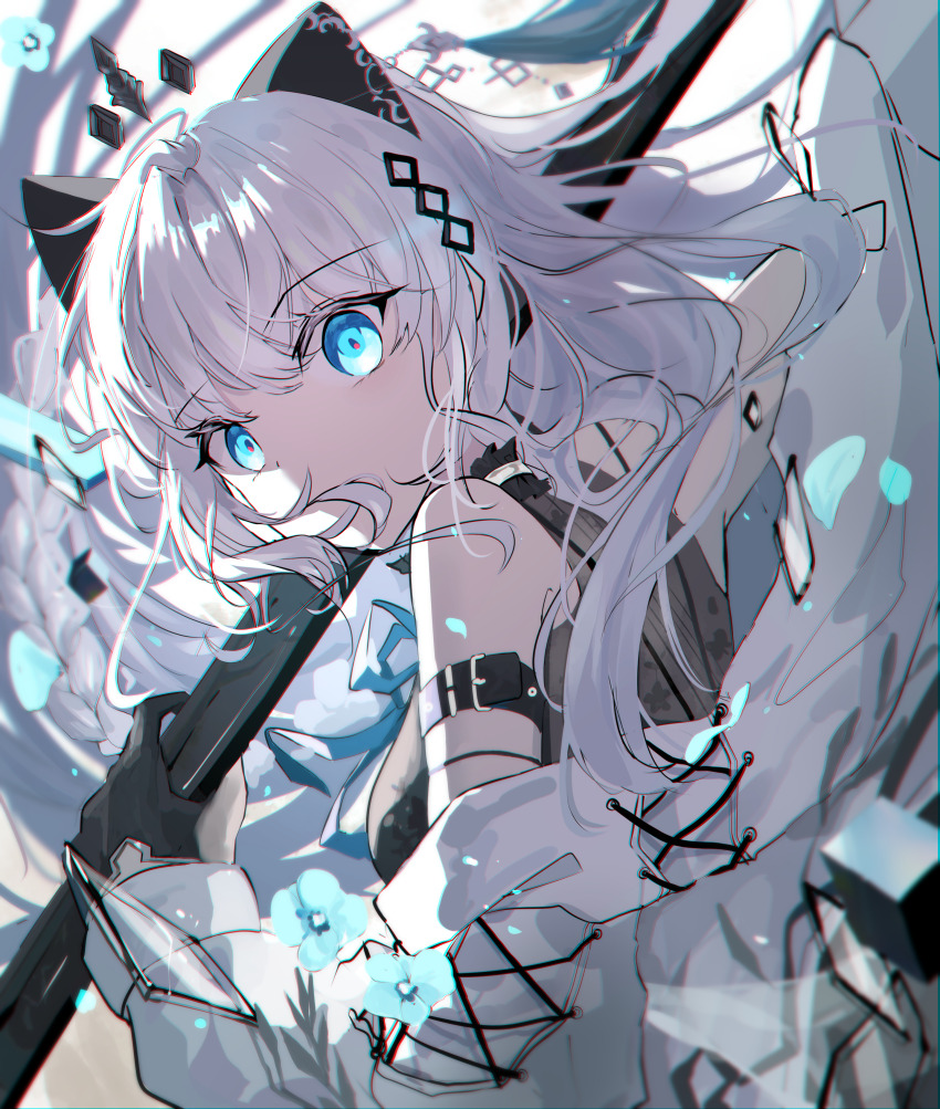 1girl, absurdres, arcaea, black_gloves, black_shirt, blue_eyes, character_request, coat