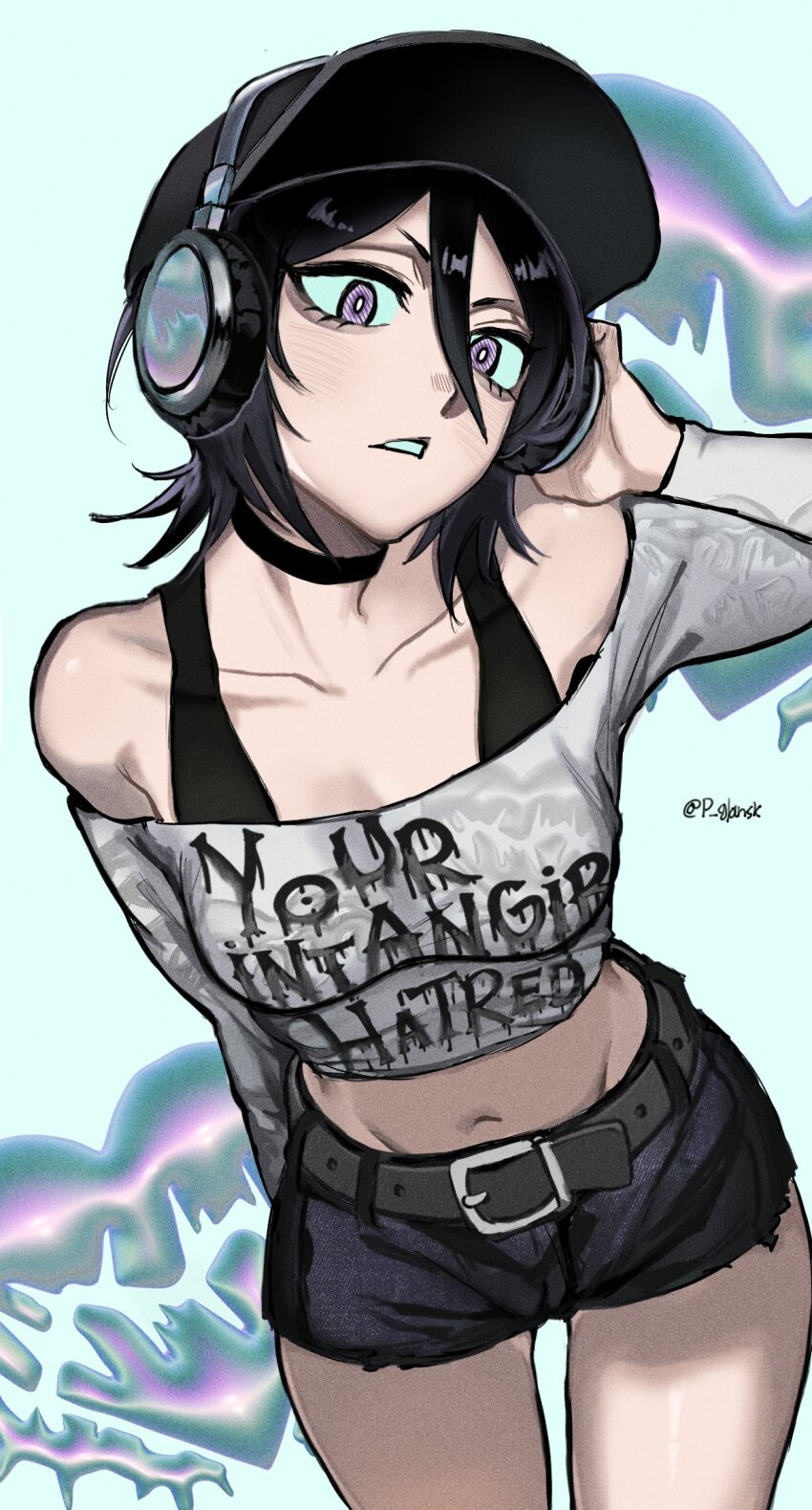 1girl, artist_name, bare_shoulders, belt, black_hair, bleach, breasts, choker