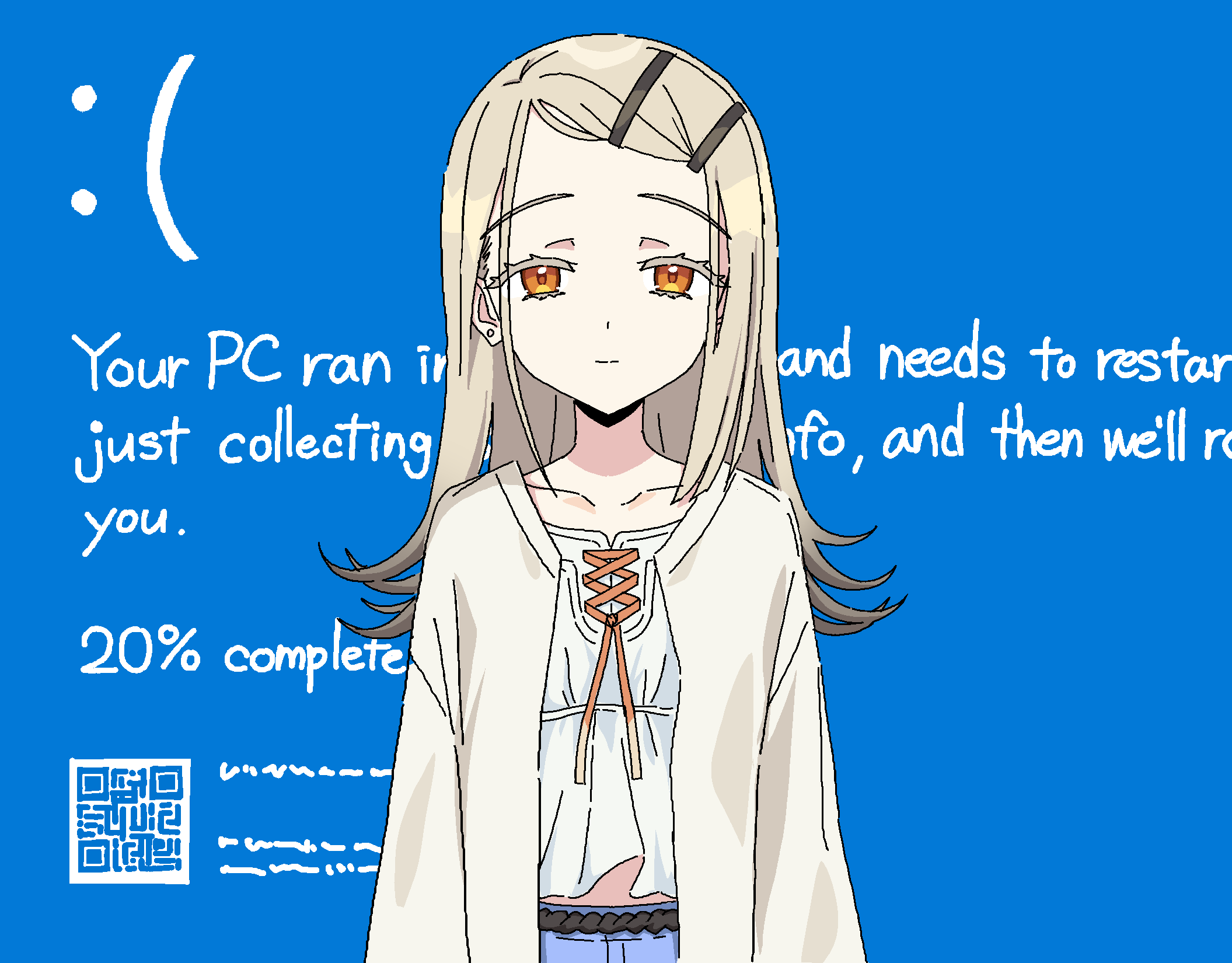 1girl, arms_at_sides, blonde_hair, blue_background, blue_screen_of_death, coat, earrings, empire_waist