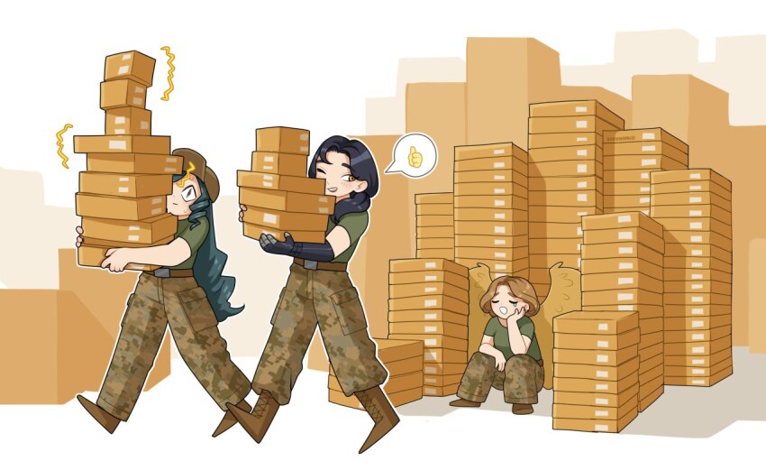 3girls, :|, angel_wings, box, closed_mouth, green_shirt, hanna_kovalchuk, happy_tears, holding, holding_box, kraken_(japanon), looking_back, multiple_girls, nervous_sweating, one_eye_closed, open_mouth, original, shirt, sitting, slit_pupils, sphenodaile, standing, sweat, tearing_up, tears, teeth, upper_teeth_only, walking, wide-eyed, wings, zoriana