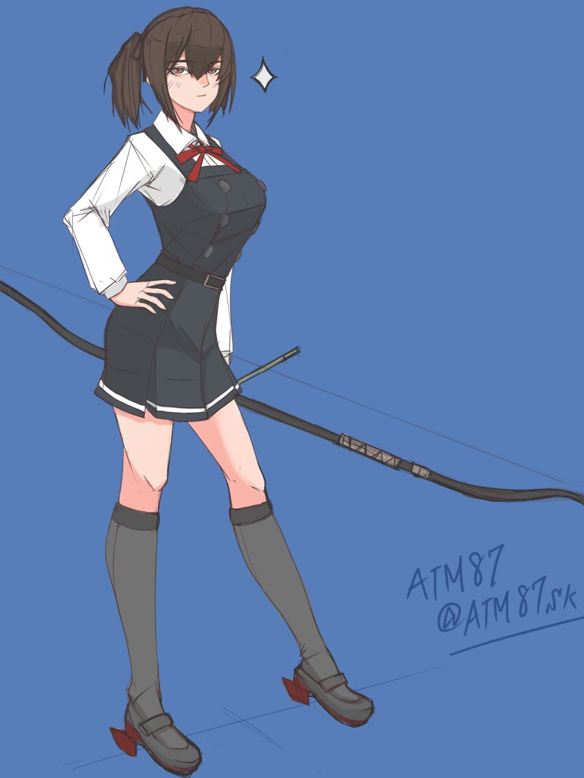 1girl, absurdres, archery, atm87, belt, black_hair, black_socks, blue_background
