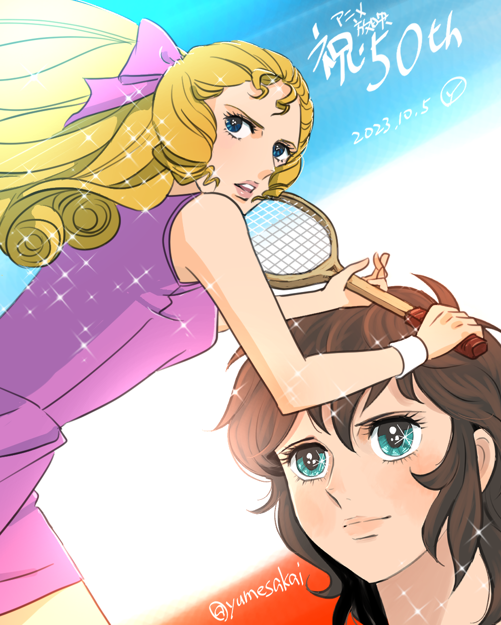 2girls, ace_wo_nerae!, anniversary, blonde_hair, blue_eyes, bow, breasts, brown_hair