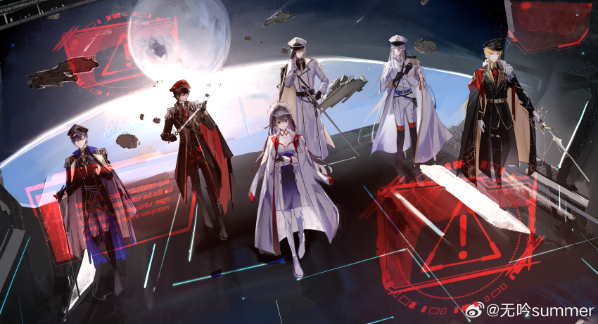 1girl, 5boys, absurdres, adjusting_clothes, adjusting_gloves, adjusting_headwear, aiguillette, alkaid_mcgrath