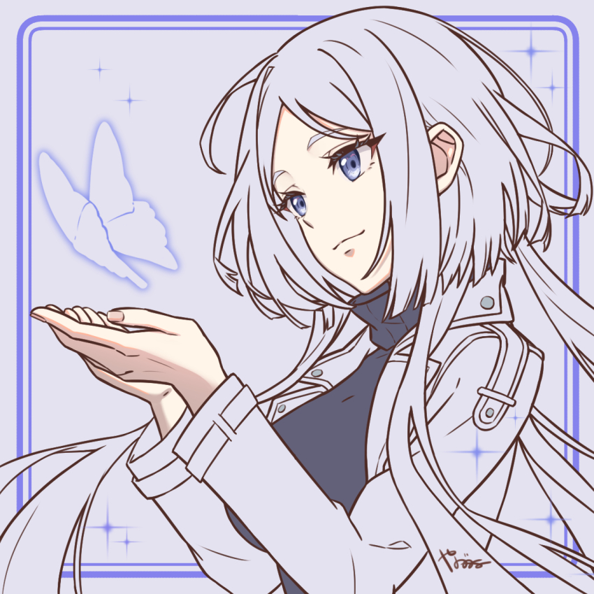 1girl, black_sweater, blue_eyes, breasts, bug, butterfly, closed_mouth, coat