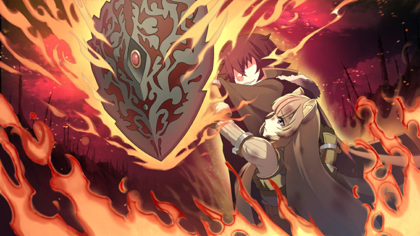 1boy, 1girl, animal_ear_fluff, animal_ears, black_hair, brown_cape, brown_dress, brown_hair, cape, cloud, dress, fire, flaming_shield, forest, fur-trimmed_cape, fur_trim, game_cg, gem, grin, hand_on_another's_arm, iwatani_naofumi, long_hair, nature, no_eyes, non-web_source, official_art, outdoors, parted_lips, purple_eyes, raphtalia, red_gem, red_sky, self-datamine, shield, sky, smile, tate_no_yuusha_no_nariagari, tate_no_yuusha_no_nariagari_rise
