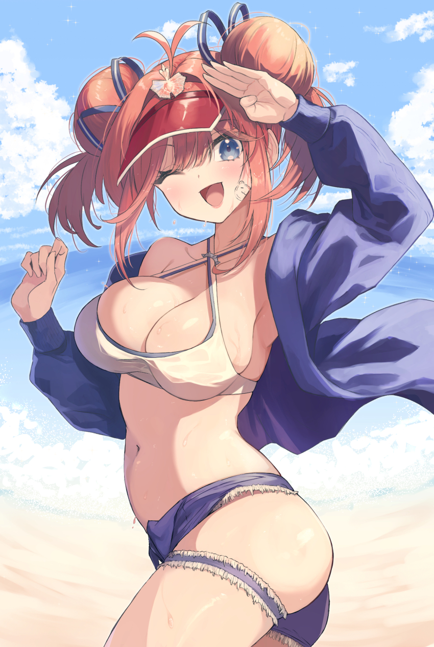 1girl, ;d, armpits, azur_lane, beach, blue_eyes, blue_jacket, blue_sky