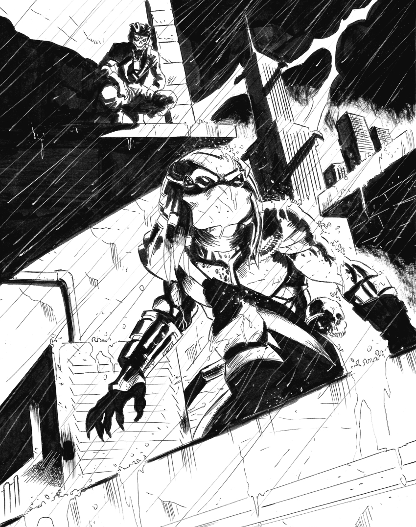 absurdres, artist_request, city, highres, killer_hunts_killer, oc_x_canon, parody_request, predator_(1987), predator_(series), rain, red_colter, source_request, tagme, vs, yautja, zarcord