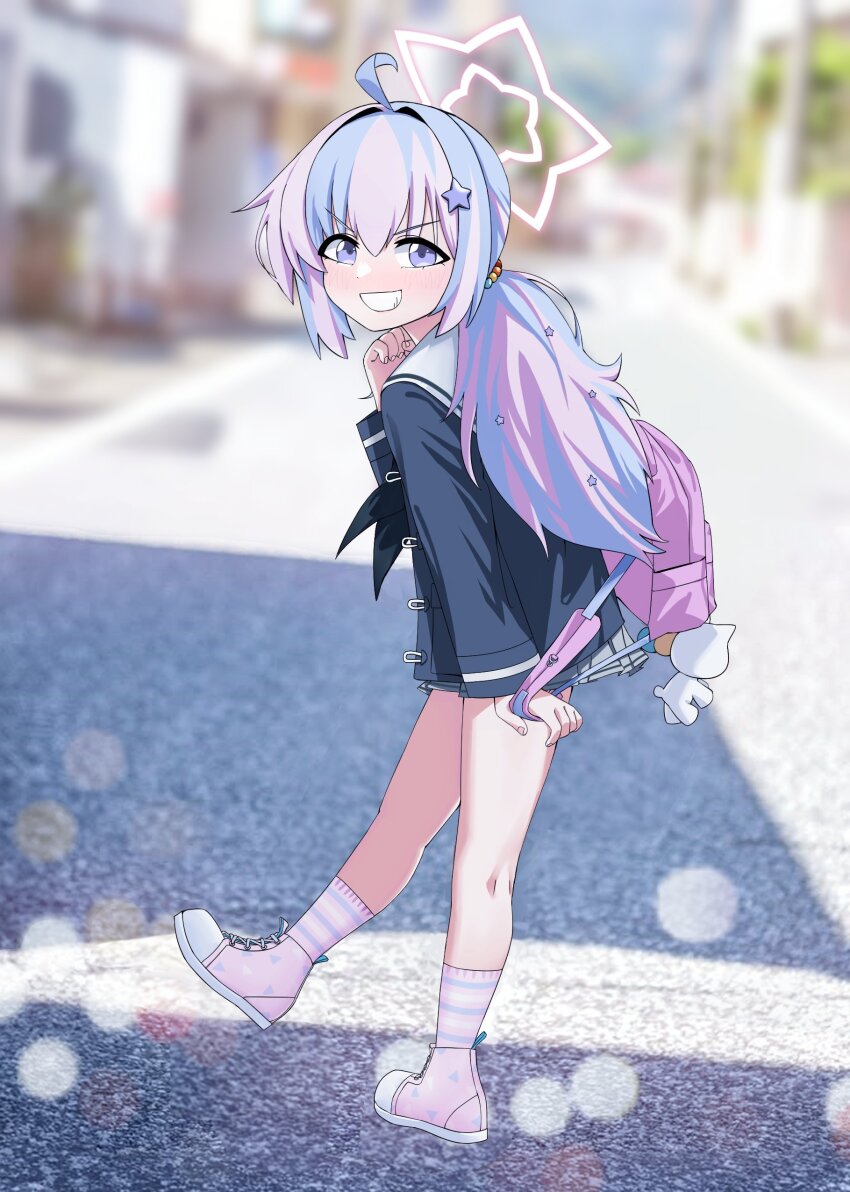 1girl, absurdres, ahoge, ascot, backpack, backpack_on_one_shoulder, bag, blue_archive