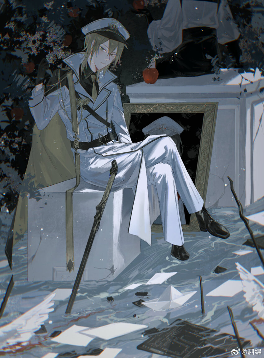 2boys, age_difference, aged_down, aiguillette, alkaid_mcgrath, alkaid_mcgrath_(infinite_empire), apple, apple_tree