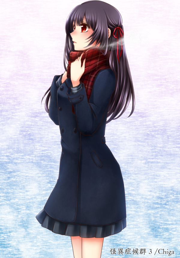 1girl, black_hair, black_serafuku, blush, chi119, coat, hair_ornament, hair_ribbon