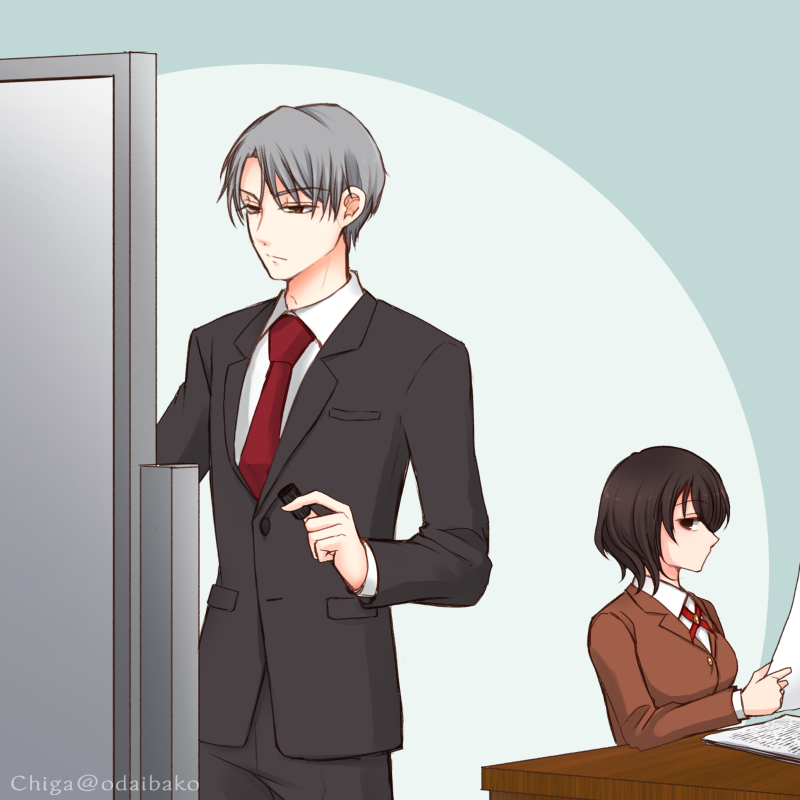 1boy, 1girl, black_hair, brown_eyes, brown_jacket, chi119, collared_shirt, drawing_board