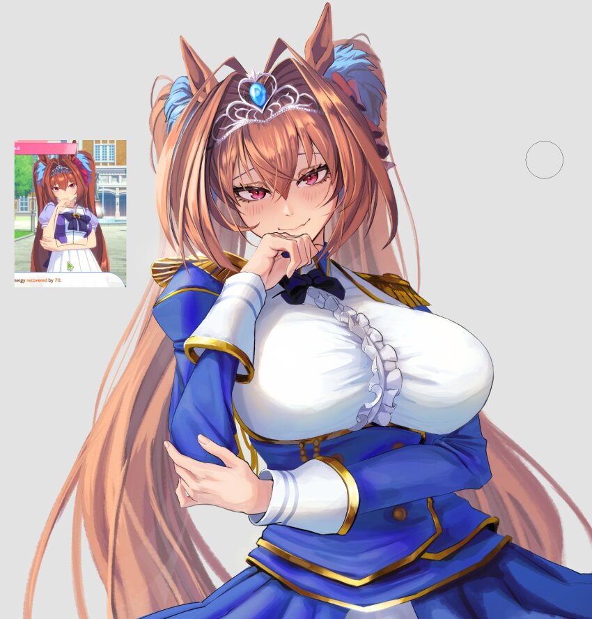 1girl, animal_ears, arm_across_waist, arm_under_breasts, blue_dress, blush, bow, brasileiroo