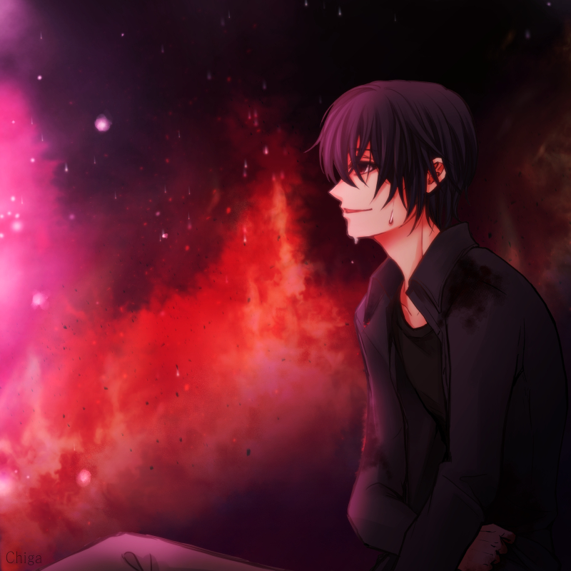 1boy, blue_eyes, blue_hair, blue_jacket, chi119, fire, jacket, kaii_shoukougun