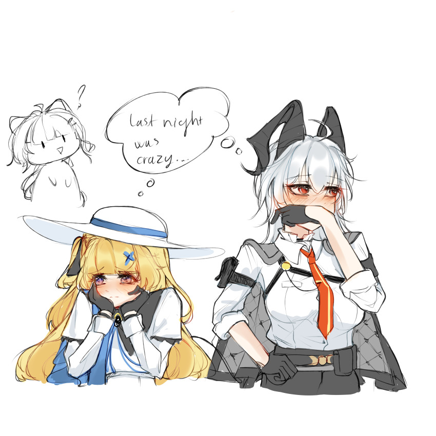 3girls, absurdres, ahoge, black_collar, black_gloves, black_horns, black_jacket, blonde_hair