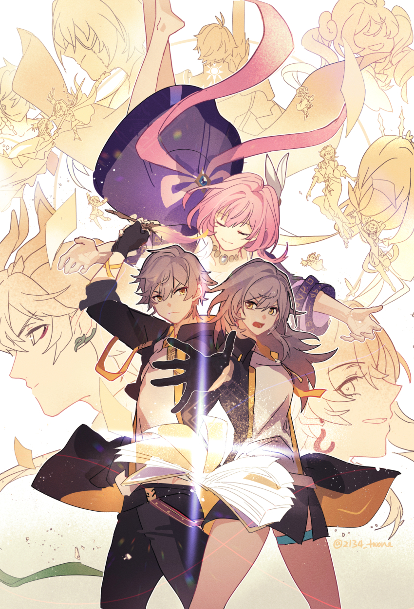 2134twone, 5boys, 6+girls, aglaea_(honkai:_star_rail), anaxa_(honkai:_star_rail), black_gloves, black_jacket, black_pants