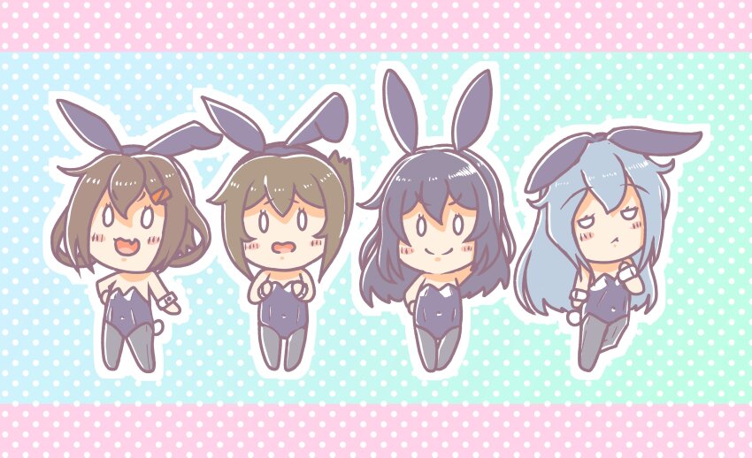 4girls, absurdres, akatsuki_(kancolle), animal_ears, black_leotard, blue_leotard, brown_hair, chibi, fake_animal_ears, fake_tail, fang, folded_ponytail, grey_hair, hair_ornament, hairclip, hibiki_(kancolle), highleg, highleg_leotard, highres, ikazuchi_(kancolle), inazuma_(kancolle), kantai_collection, leotard, long_hair, makyurom, multiple_girls, pantyhose, playboy_bunny, polka_dot, polka_dot_background, purple_hair, rabbit_ears, rabbit_tail, short_hair, skin_fang, strapless, strapless_leotard, tail, wrist_cuffs