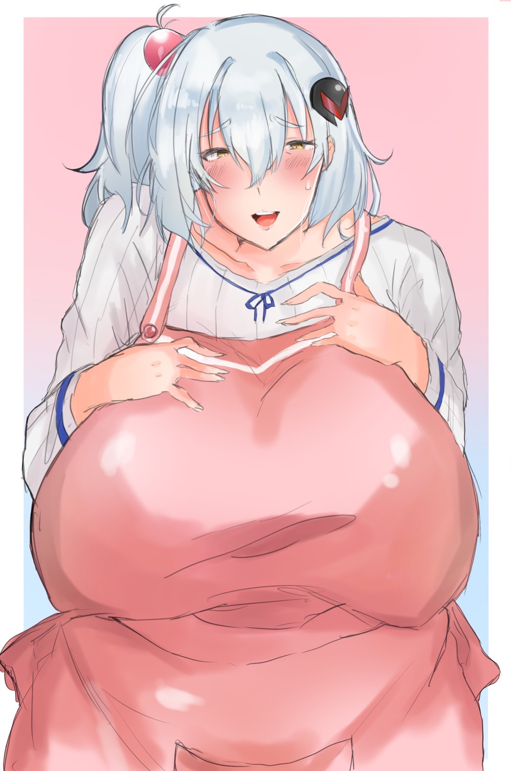 1girl, apron, artist_request, blush, bombergirl, bomberman, breasts, female_focus, highres, huge_breasts, long_hair, looking_at_viewer, mature_female, open_mouth, pale_skin, pink_apron, shiroe_(bombergirl), smile, solo, white_hair, yellow_eyes