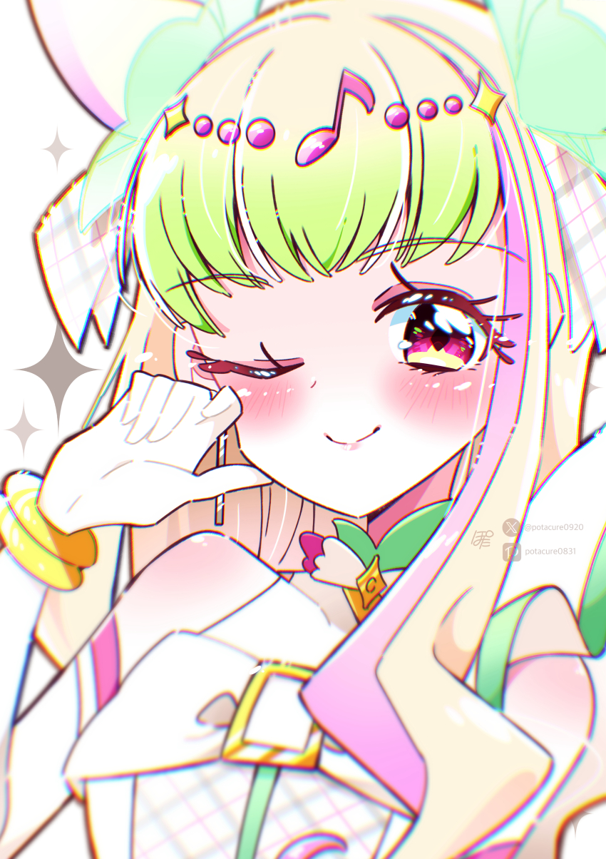 1girl, absurdres, artist_name, blonde_hair, bracelet, closed_mouth, commentary, cure_zukyuun