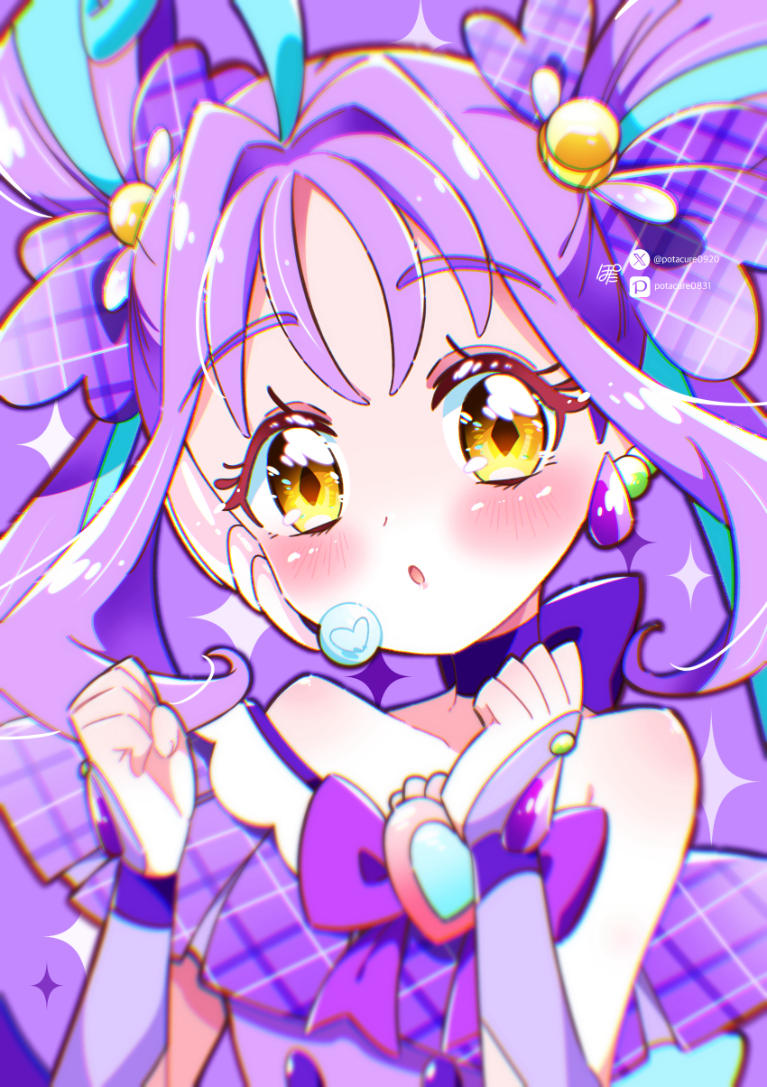 1girl, :o, absurdres, ahoge, aqua_hair, artist_name, blue_hair, bow, brooch, choker, clenched_hands, commentary, cure_kyunkyun, dress, gloves, hair_ornament, half_gloves, headset, heart, heart_brooch, highres, jewelry, kimi_to_idol_precure, long_hair, looking_at_viewer, magical_girl, multicolored_hair, off-shoulder_dress, off_shoulder, open_mouth, pixiv_username, potacure, precure, purple_bow, purple_choker, purple_dress, purple_gloves, purple_hair, shigure_kokoro, signature, solo, streaked_hair, twintails, twitter_username, two_side_up, yellow_eyes