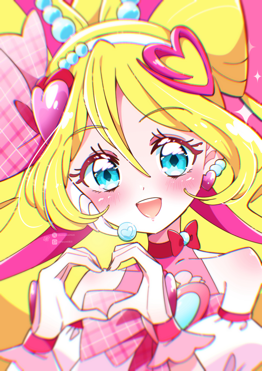 1girl, absurdres, artist_name, blonde_hair, blue_eyes, brooch, commentary, cure_idol