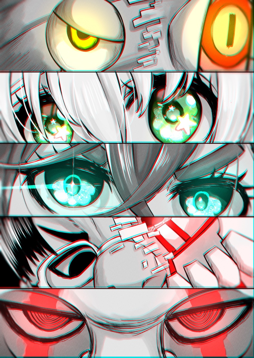 2girls, 3boys, alien, aqua_eyes, ayase_momo, black_hair, close-up, commentary, dandadan, facial_mark, glasses, glowing, glowing_eyes, green_eyes, highres, looking_at_viewer, lull_1428, mr._mantis_shrimp, multiple_boys, multiple_girls, red_eyes, rokuro_serpo, sakata_kinta, serpo_(dandadan), star_(symbol), star_in_eye, symbol_in_eye, thick_eyebrows, vamola_(dandadan), yellow_eyes