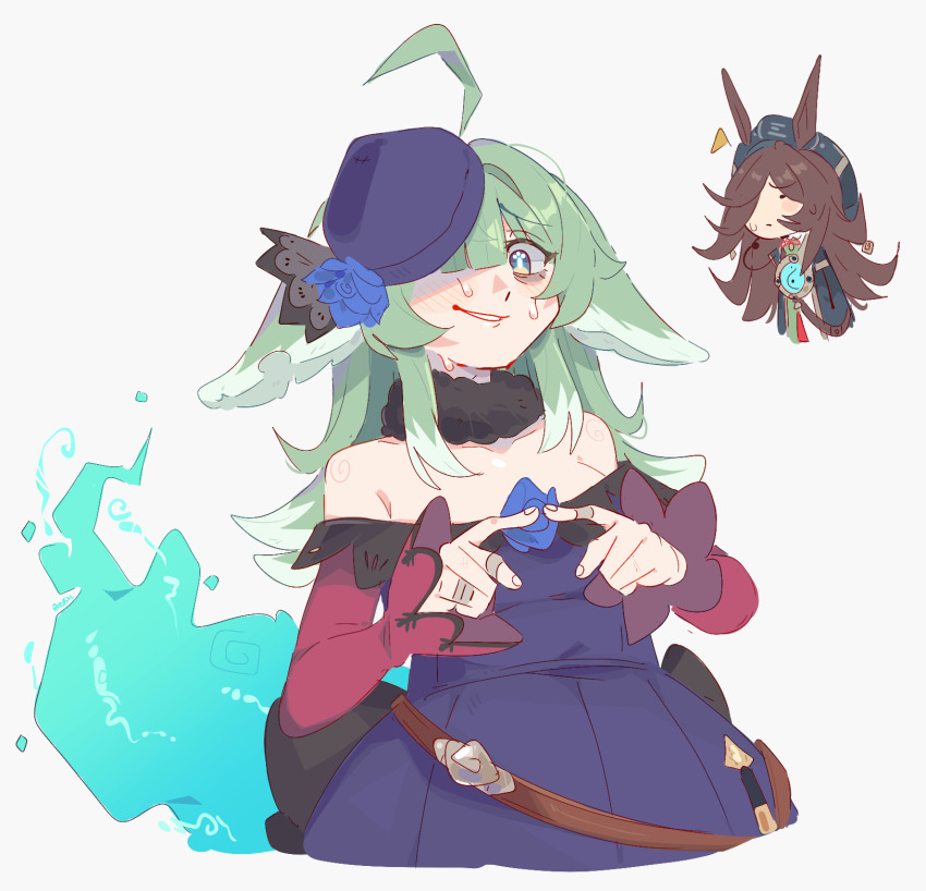 2girls, animal_ears, bare_shoulders, blue_dress, blue_hat, brown_hair, commentary, cosplay, costume_switch, crossover, dress, english_commentary, fox_ears, green_hair, grey_background, grin, hat, highres, honkai:_star_rail, honkai_(series), huohuo_(honkai:_star_rail), huohuo_(honkai:_star_rail)_(cosplay), long_sleeves, looking_at_viewer, multiple_girls, off-shoulder_dress, off_shoulder, rice_shower_(rosy_dreams)_(umamusume), rice_shower_(umamusume), rice_shower_(umamusume)_(cosplay), simple_background, smile, tail, umamusume, unfamousradish