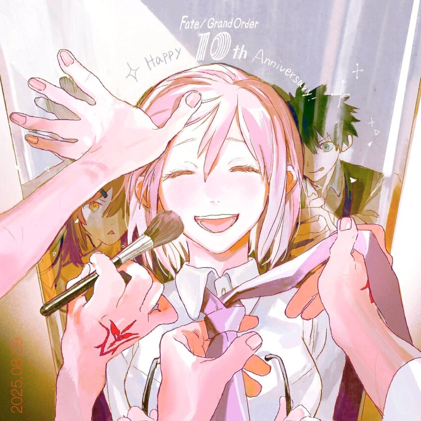 1boy, 2girls, :q, adjusting_another's_clothes, adjusting_clothes, adjusting_necktie, anniversary, applying_another's_makeup