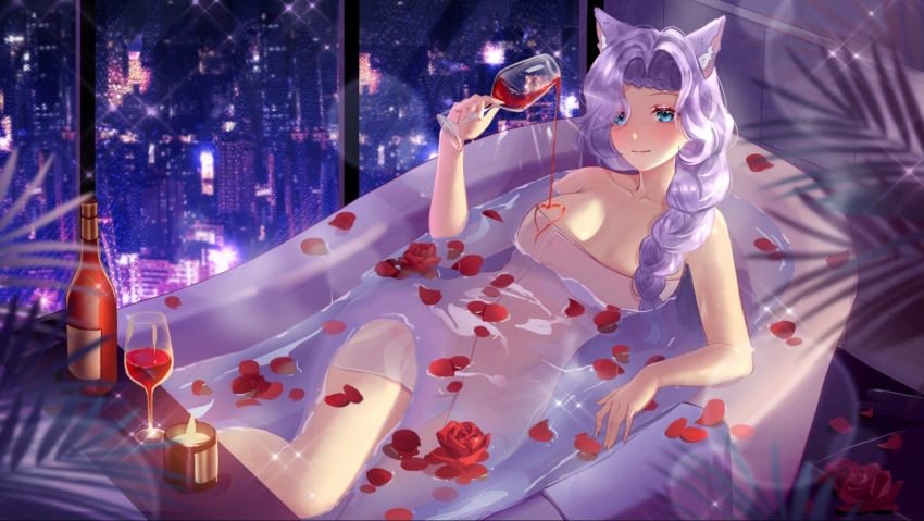 1girl, animal_ears, bath, bathing, blue_eyes, braid, breasts, cat_ears