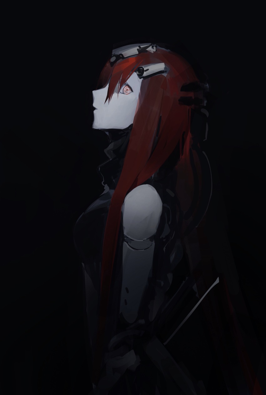 1girl, absurdres, black_background, blame!, cable, commentary_request, cyborg, from_side