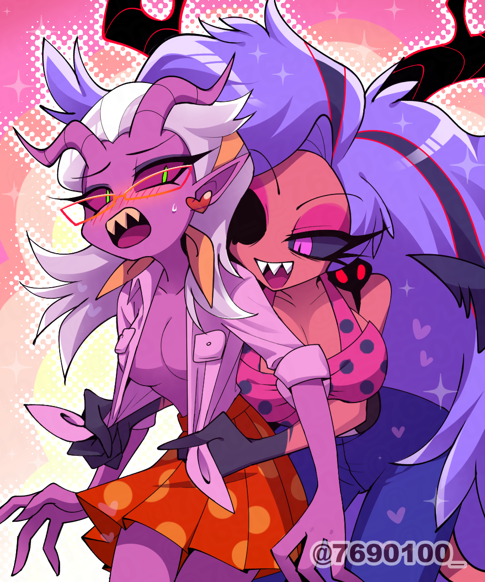2girls, black_sclera, blush, colored_sclera, colored_skin, demon_girl, demon_horns, glasses