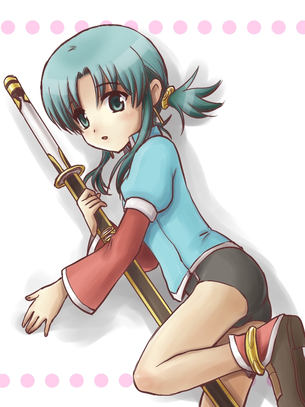 1girl, alternate_costume, anna_laemmle, aqua_hair, atelier_(series), blue_eyes, earrings, female_focus, gust, gym_uniform, hair_ornament, jewelry, katana, mana_khemia, mana_khemia_(series), mizukurage, mizukurage_(mamenyan), ootachi, open_mouth, shoes, short_twintails, solo, sword, twintails, weapon