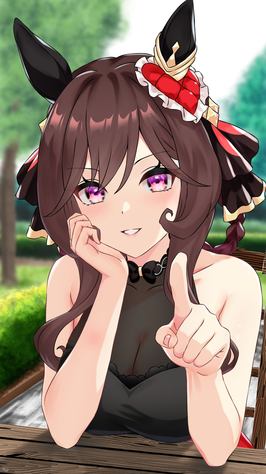 1girl, absurdres, animal_ears, bare_arms, bare_shoulders, black_ribbon, black_shirt, blush, breasts, brown_hair, cleavage, ear_covers, gentildonna_(umamusume), grin, hair_ornament, hair_ribbon, hakazero, heart, heart_hair_ornament, highres, horse_ears, horse_girl, long_hair, looking_at_viewer, pointing, pointing_at_viewer, purple_eyes, red_skirt, ribbon, see-through_cleavage, see-through_clothes, shirt, skirt, sleeveless, sleeveless_shirt, smile, solo, umamusume