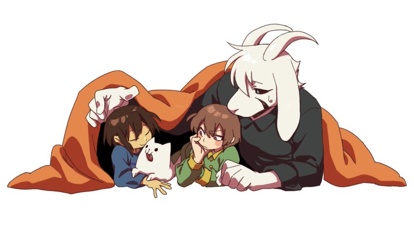 ._., 1boy, 2others, :p, adoptive_siblings, alternate_form, animal, animal_ears, annoying_dog, asriel_dreemurr, asriel_dreemurr_(god_of_hyperdeath), black_sclera, blanket, blue_shirt, brown_hair, buttons, chara_(undertale), closed_eyes, colored_sclera, cuddling_animal, dog, frisk_(undertale), frown, furry, furry_male, goat_boy, goat_ears, goat_horns, green_shirt, hair_between_eyes, hand_on_own_face, highres, horns, kageimo, long_sleeves, lying, medium_hair, multiple_others, on_side, pajamas, red_eyes, shirt, siblings, smile, striped_clothes, striped_shirt, sweatdrop, tongue, tongue_out, two-tone_shirt, under_covers, undertale, utdr_(toby_fox), white_dog, white_fur, yellow_shirt