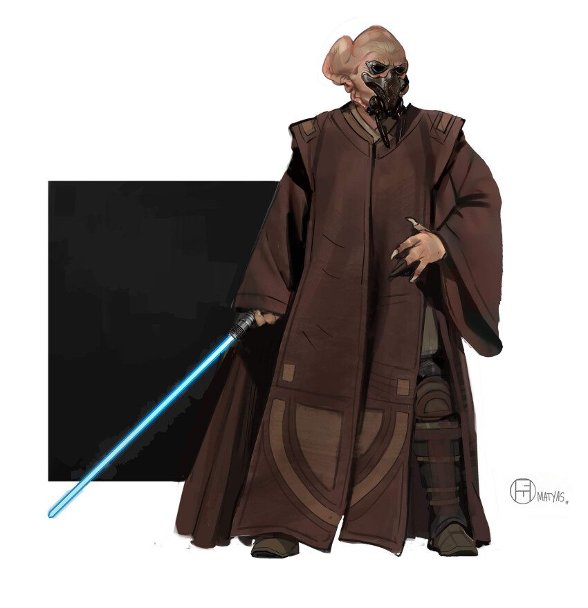 1boy, absurdres, alien, artist_name, black_background, blue_lightsaber, boots, brian_matyas