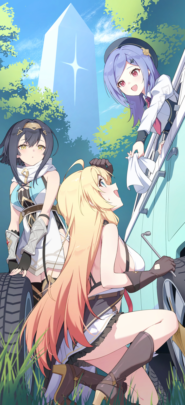 3girls, amber_(stella_sora), antenna_hair, bare_legs, beret, black_hair, black_hat, blonde_pubic_hair