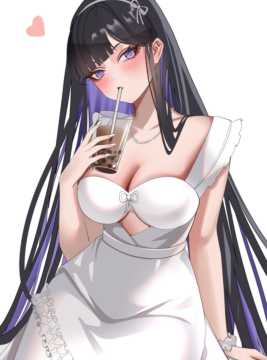 1girl, black_hair, blush, breasts, bubble_tea, cleavage, collarbone, colored_inner_hair