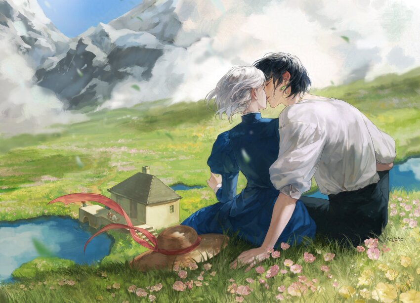 1boy, 1girl, black_hair, blue_dress, cjjcha, closed_eyes, cloud, couple