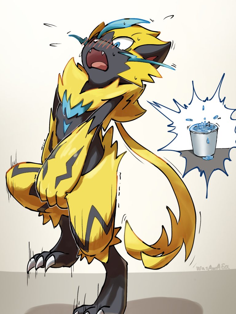 black_fur, blue_eyes, blush, claws, covering_crotch, covering_privates, cup, gen_7_pokemon, have_to_pee, legendary_pokemon, motion_lines, mythical_pokemon, nintendo, open_mouth, pokemon, pokemon_(creature), solo, two-tone_fur, wasawasa_(ikyu_bu), yellow_fur, zeraora
